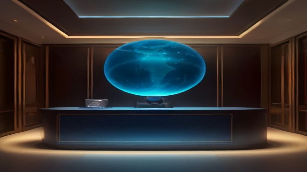 Hotel reception desk with a glowing AI assistant orb