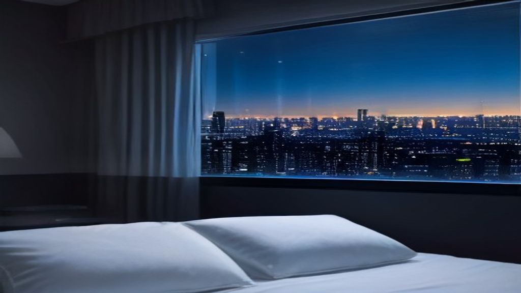 Hotel room at night with a city skyline glowing through the window